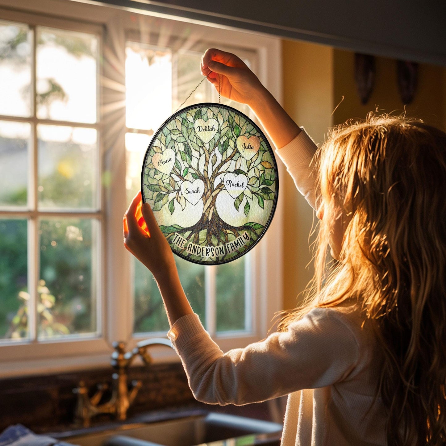 Stained Glass Family Tree Glass Suncatcher, Mother's Day Window Hanging, Father's Day Gift for Grandma, Family Tree of Life Decor (Sun-139)
