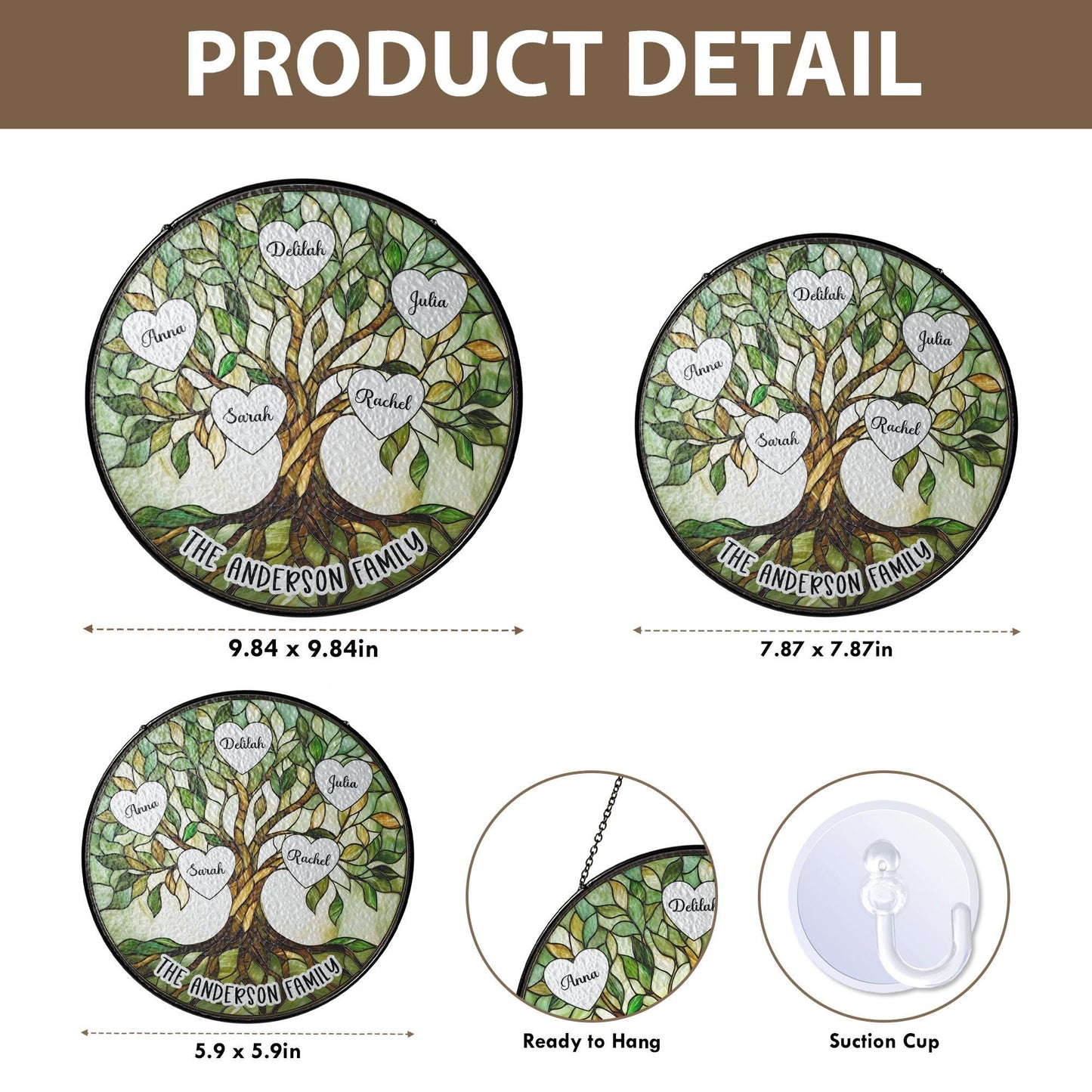 Stained Glass Family Tree Glass Suncatcher, Mother's Day Window Hanging, Father's Day Gift for Grandma, Family Tree of Life Decor (Sun-139)
