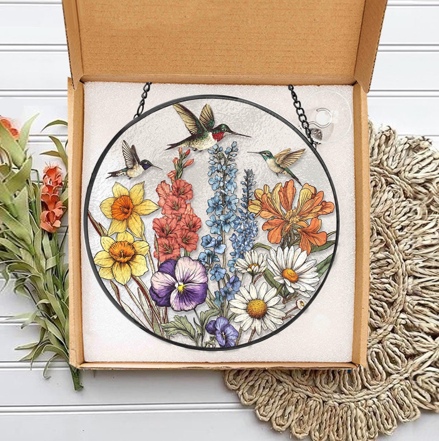 Custom Birth Flowers Glass Suncatcher, Mom's Garden Gift, Cardinal Birth Flowers Gift, Gift For Grandma, Gift For Mom, Flower Glass Art (Sun-58)
