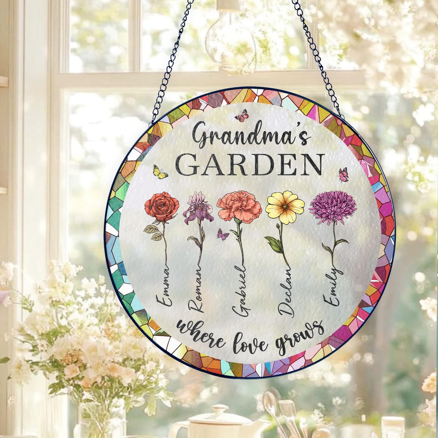 Grandma's Garden Glass Suncatcher Gift For Grandma,Personalized Birth Flower Stained Glass Window Glass Suncatcher,Mother's Day Gift For Grandma, Glass Suncatcher (Sun-74)