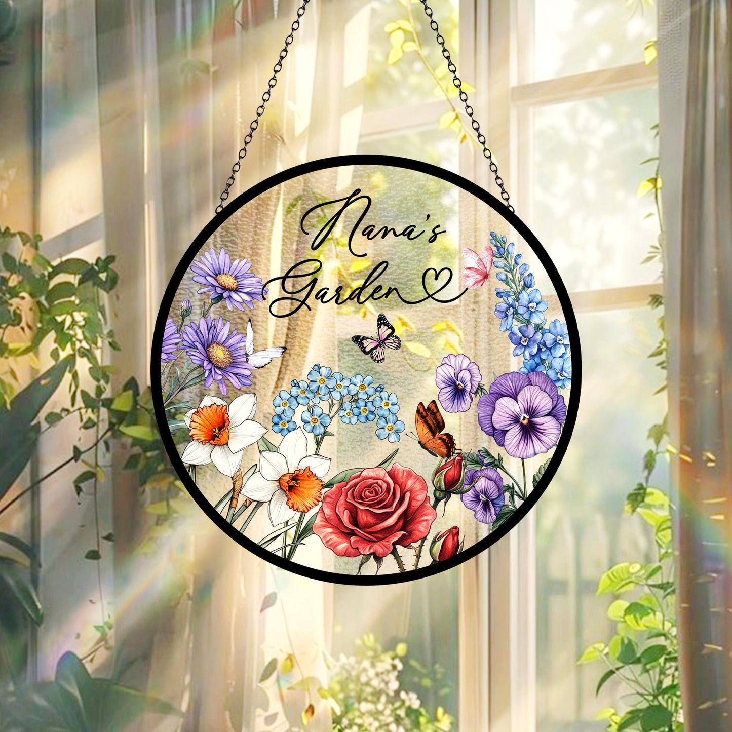 Custom Family Birth Flowers Glass Suncatcher, Mother's Day Gift, Flower Glass Art, Grandma's Garden Decor, Botanical Art, Nana's Blessings (Sun-55)