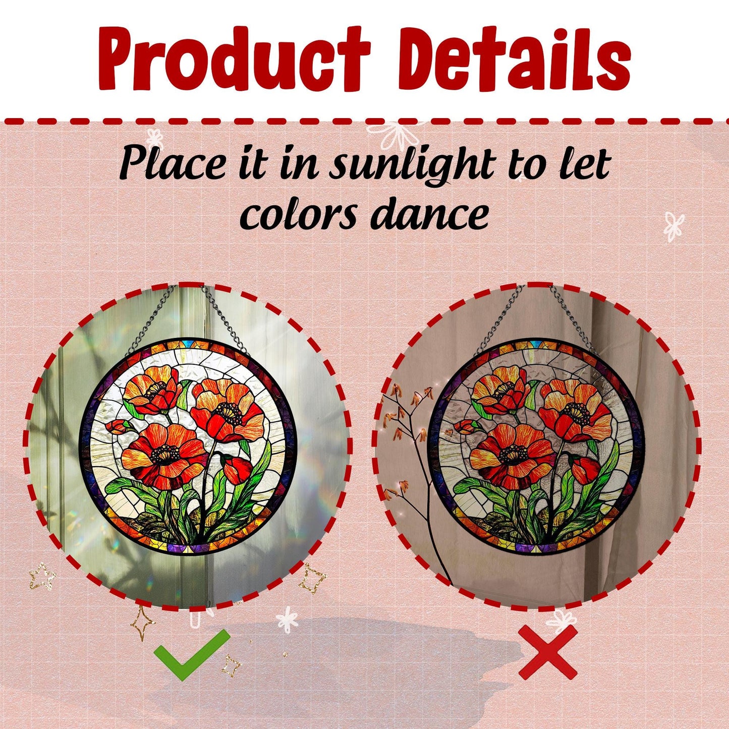 Poppy Flowers Glass Suncatcher, Artistic Poppy, Stained Glass Plant Home Decor, Unique Botanical Art Window Hanging, Nana's Blessings, Memory Day (Sun-73)
