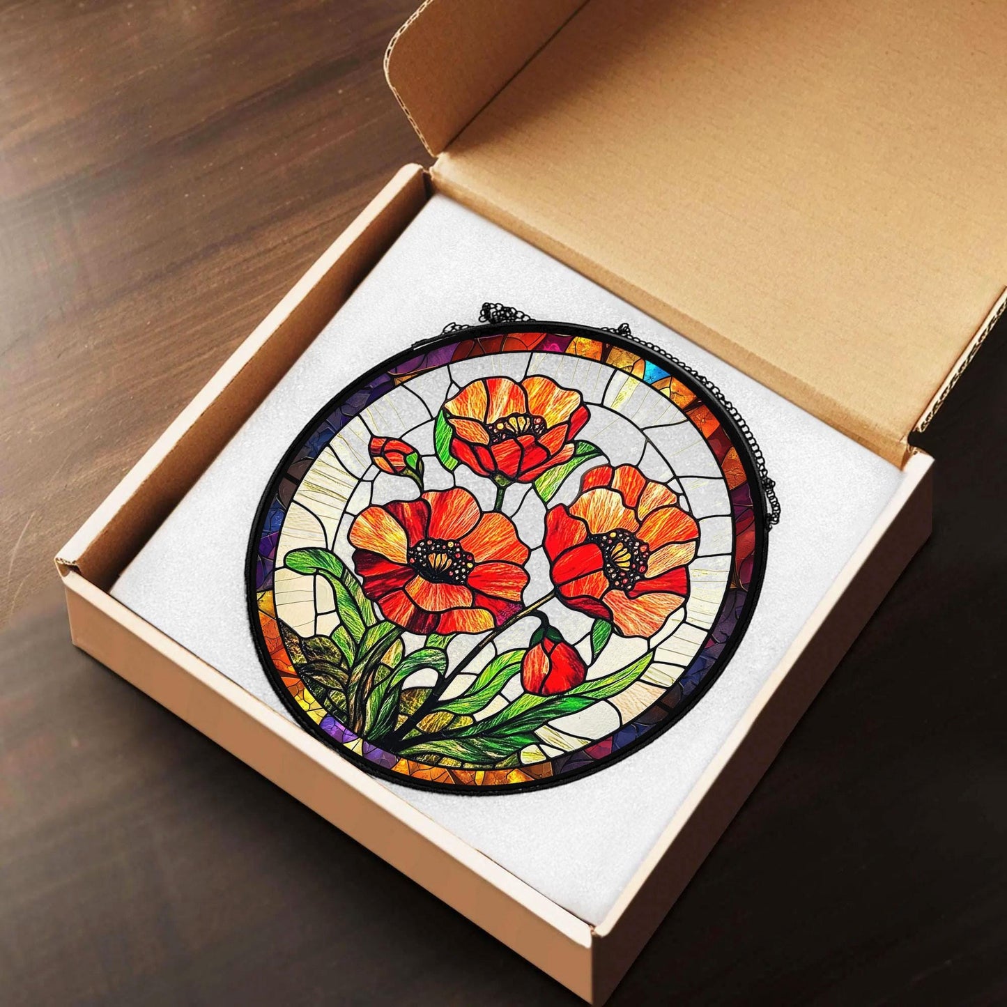 Poppy Flowers Glass Suncatcher, Artistic Poppy, Stained Glass Plant Home Decor, Unique Botanical Art Window Hanging, Nana's Blessings, Memory Day (Sun-73)