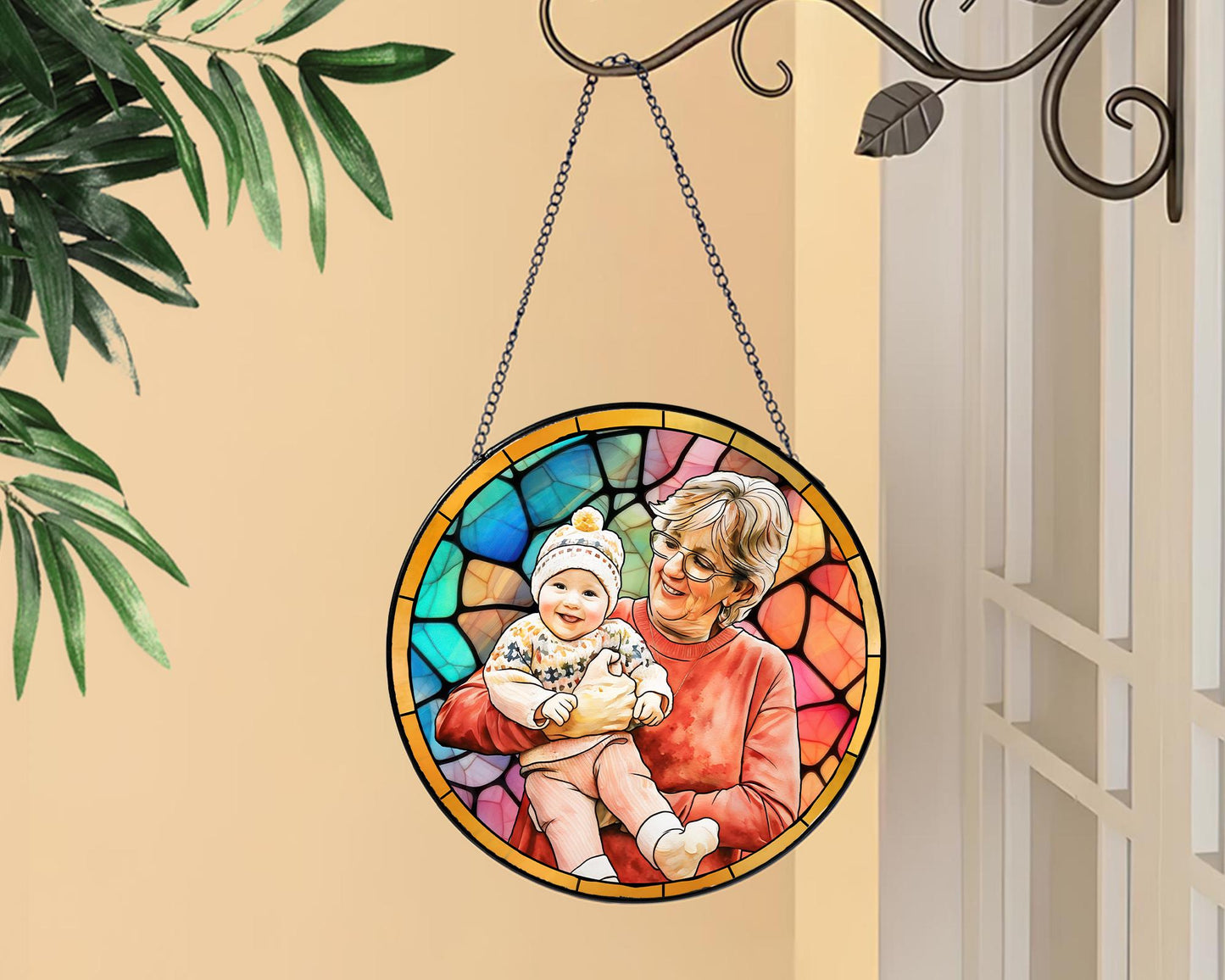 Personalized Grandma Portrait Stained Glass Suncatcher Window, Mother's Day Gift for Grandma, New Grandma Gift, New Mom Gift 2025 (Sun-51)