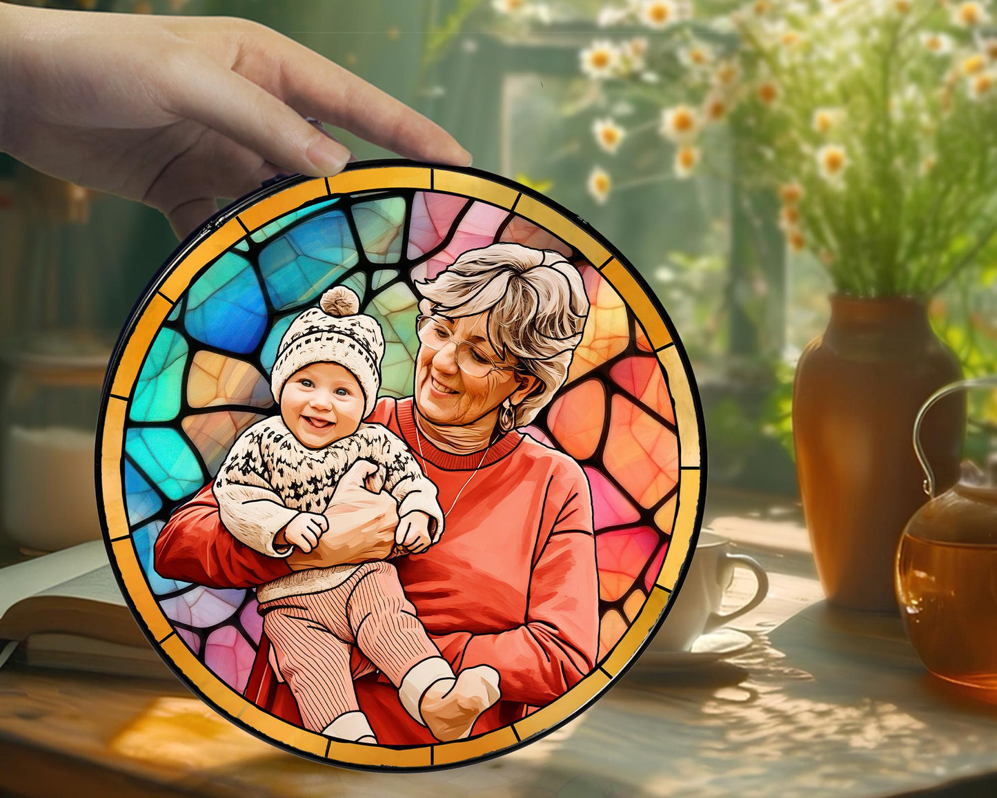 Personalized Grandma Portrait Stained Glass Suncatcher Window, Mother's Day Gift for Grandma, New Grandma Gift, New Mom Gift 2025 (Sun-51)