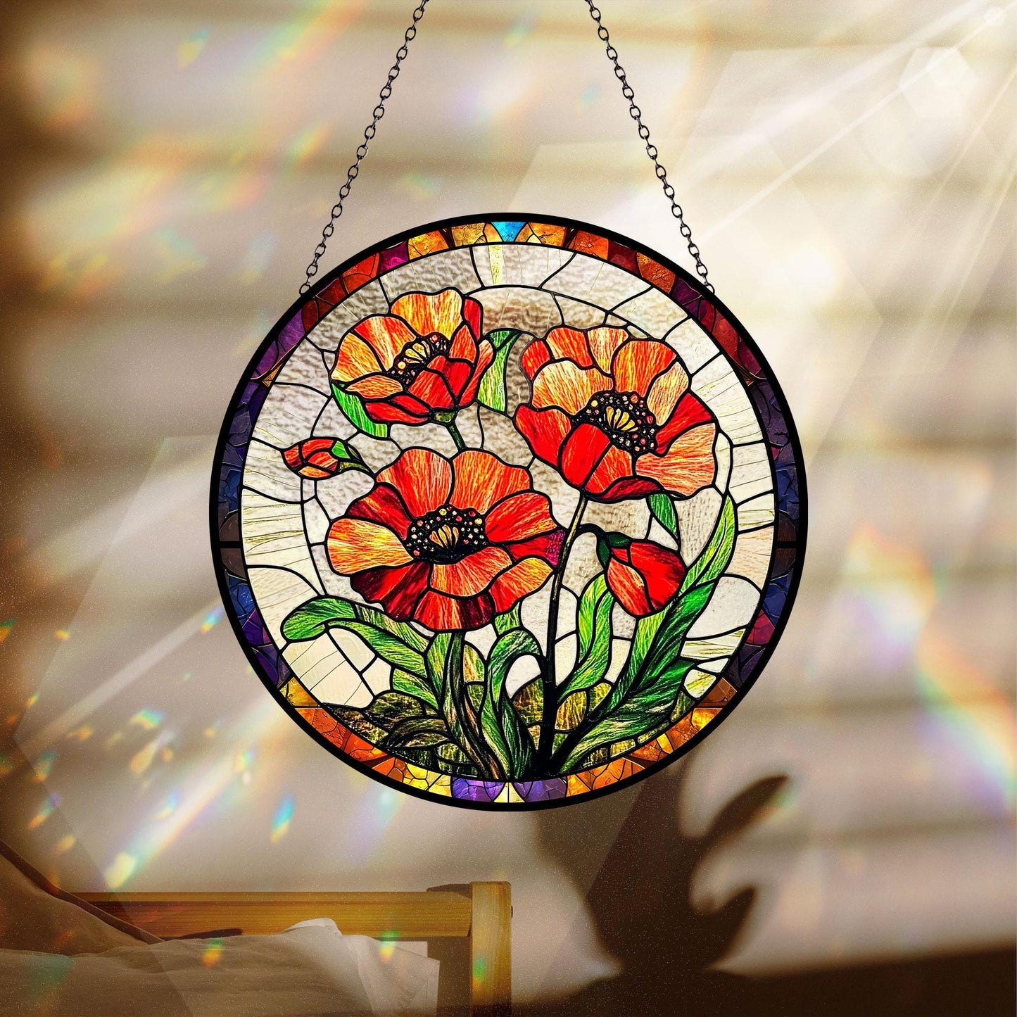Poppy Flowers Glass Suncatcher, Artistic Poppy, Stained Glass Plant Home Decor, Unique Botanical Art Window Hanging, Nana's Blessings, Memory Day (Sun-73)