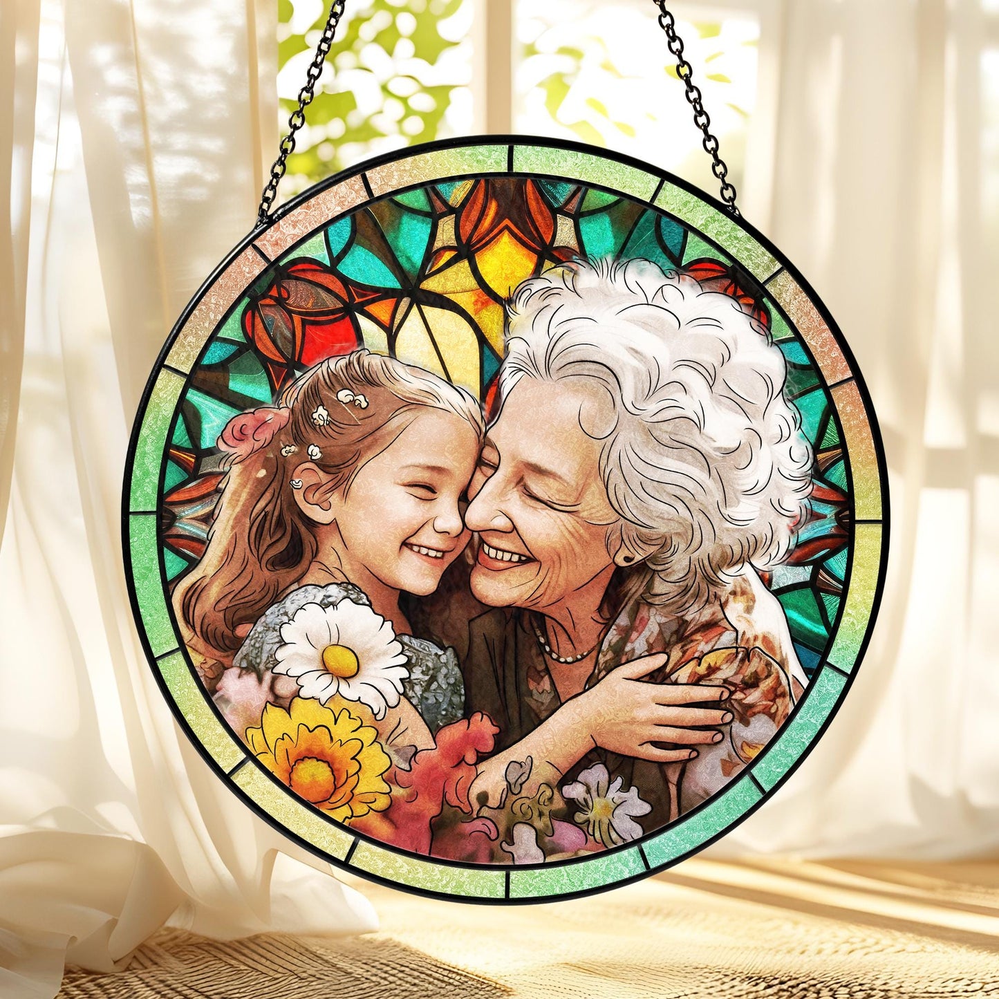 Personalized Father's Day Gift For Dad, Custom Photo Portrait Stained Glass Suncatcher, Custom Picture Family Window Hanging Gift For Papav (Sun-120)