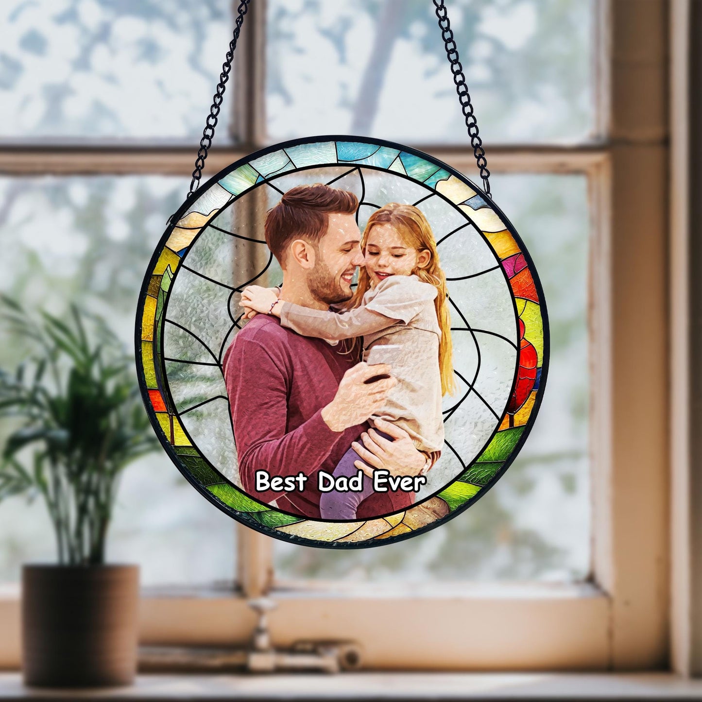 Personalized Dad Portrait Stained Glass Suncatcher, Dad and Kids Window Hanging, Father's Day Gifts, Gifts for Grandpa or Dad, New Dad Gifts (Sun-159)