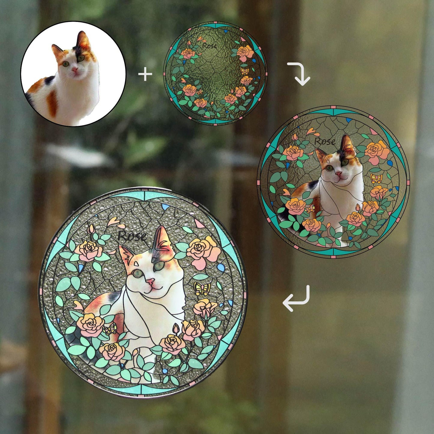 Custom Pet & Birth Flower Stained Glass Suncatcher, Pet Portrait from Photo Glass Art, Stained Glass Cat / Dog Pet Memorial, Pet Loss gifts (Sun-133)