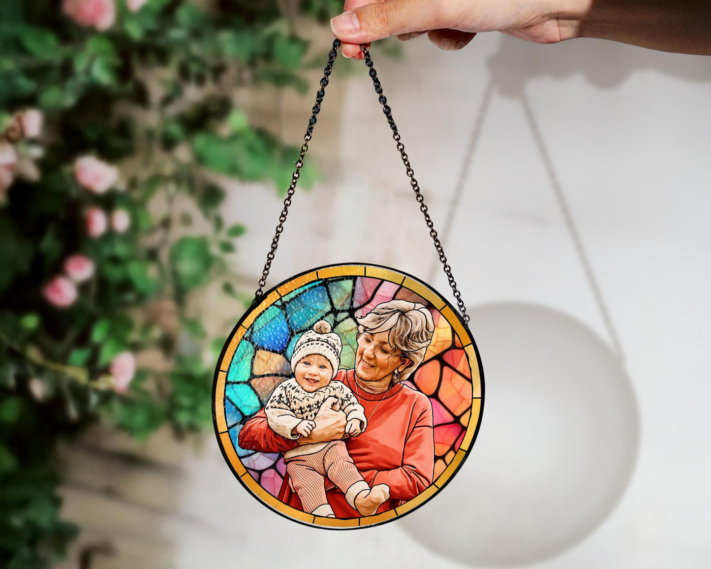 Personalized Grandma Portrait Stained Glass Suncatcher Window, Mother's Day Gift for Grandma, New Grandma Gift, New Mom Gift 2025 (Sun-51)