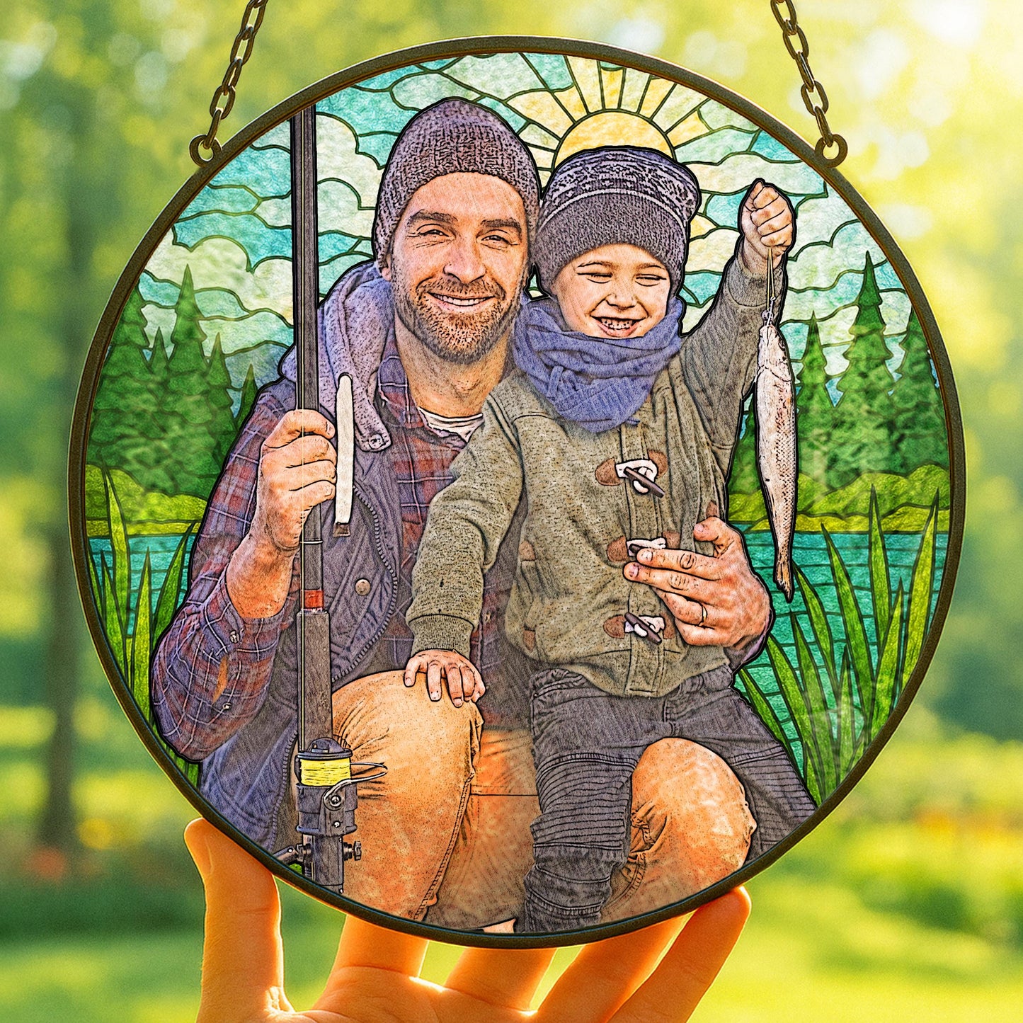 Personalized Family Photo Stained Glass Suncatcher – Custom Father’s Day Gift for Dad, Husband – Memorial Keepsake Ornament – Handmade Glass Window Art Decoration (Sun-140)