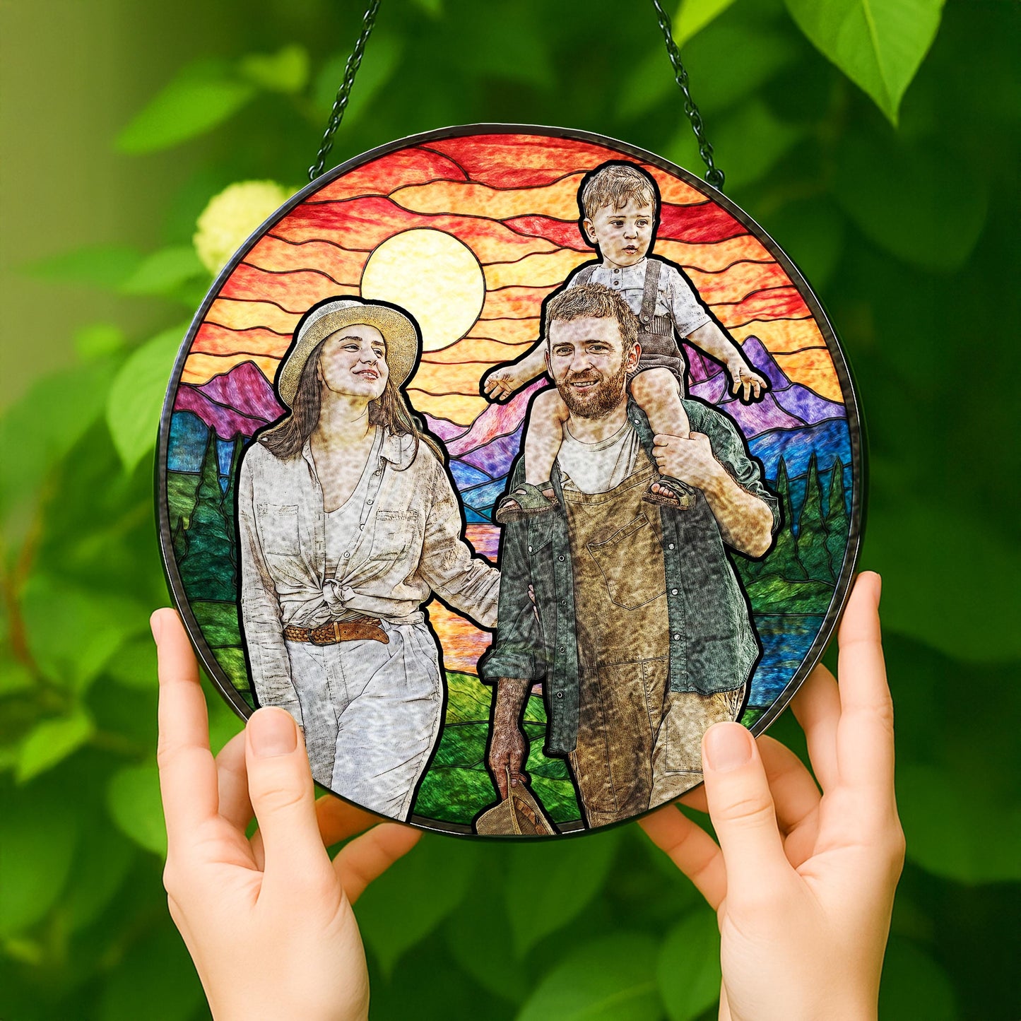 Personalized Family Photo Stained Glass Suncatcher – Custom Father’s Day Gift for Dad, Husband – Memorial Keepsake Ornament – Handmade Glass Window Art Decoration (Sun-140)
