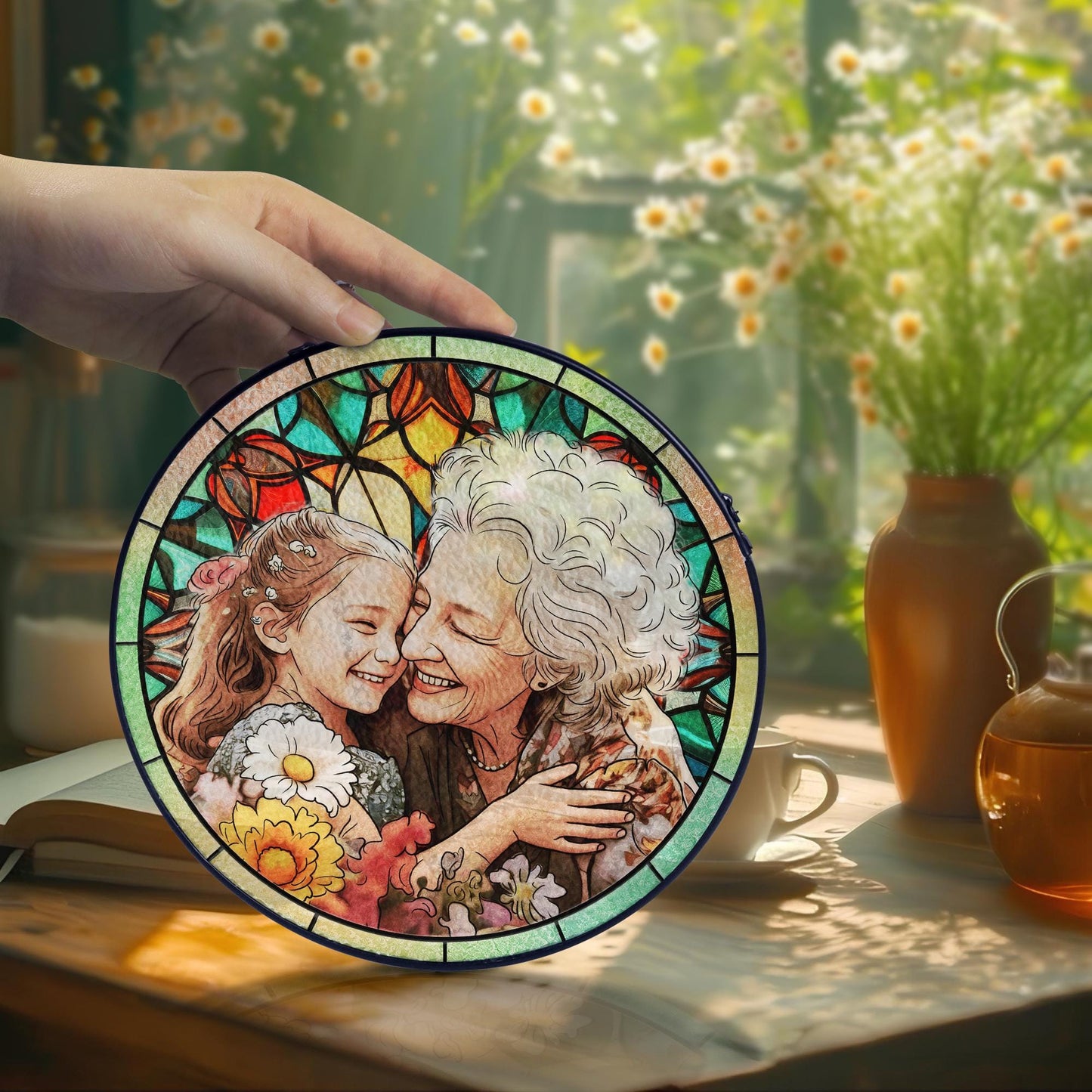 Personalized Father's Day Gift For Dad, Custom Photo Portrait Stained Glass Suncatcher, Custom Picture Family Window Hanging Gift For Papav (Sun-120)