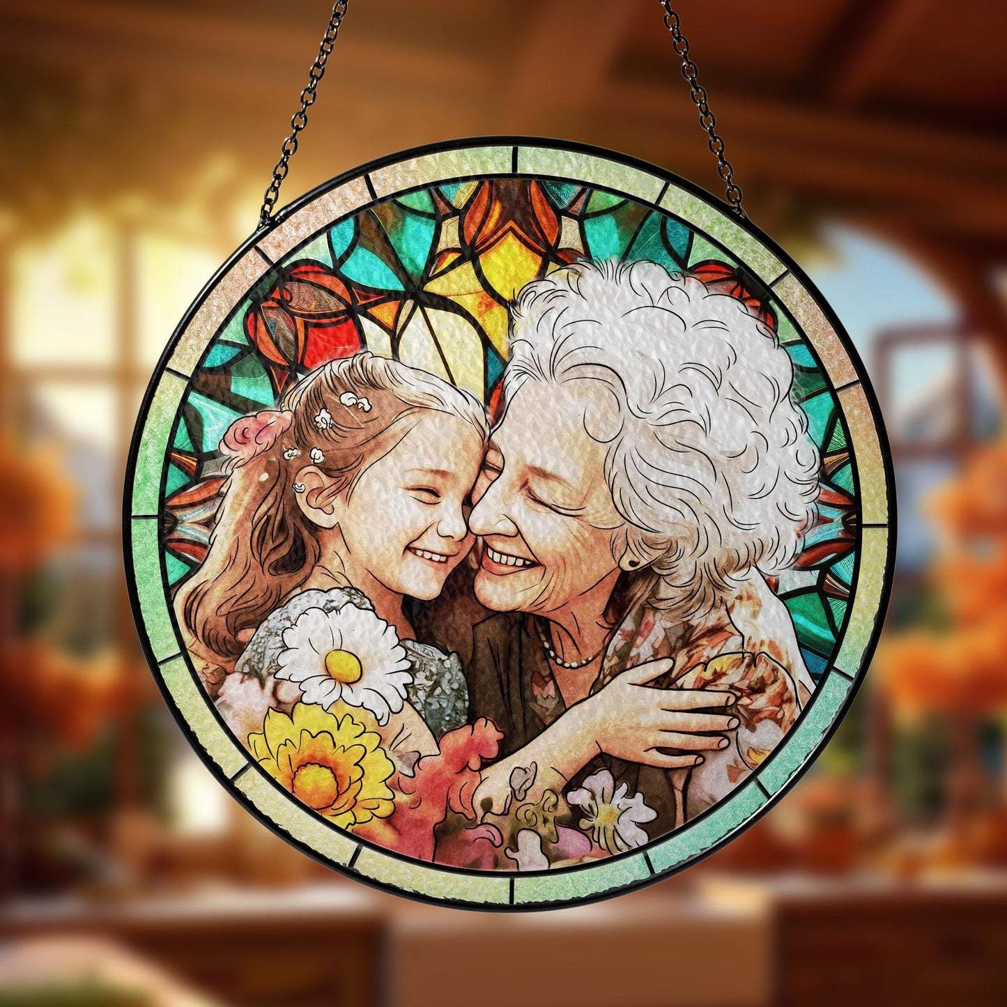 Personalized Father's Day Gift For Dad, Custom Photo Portrait Stained Glass Suncatcher, Custom Picture Family Window Hanging Gift For Papav (Sun-120)