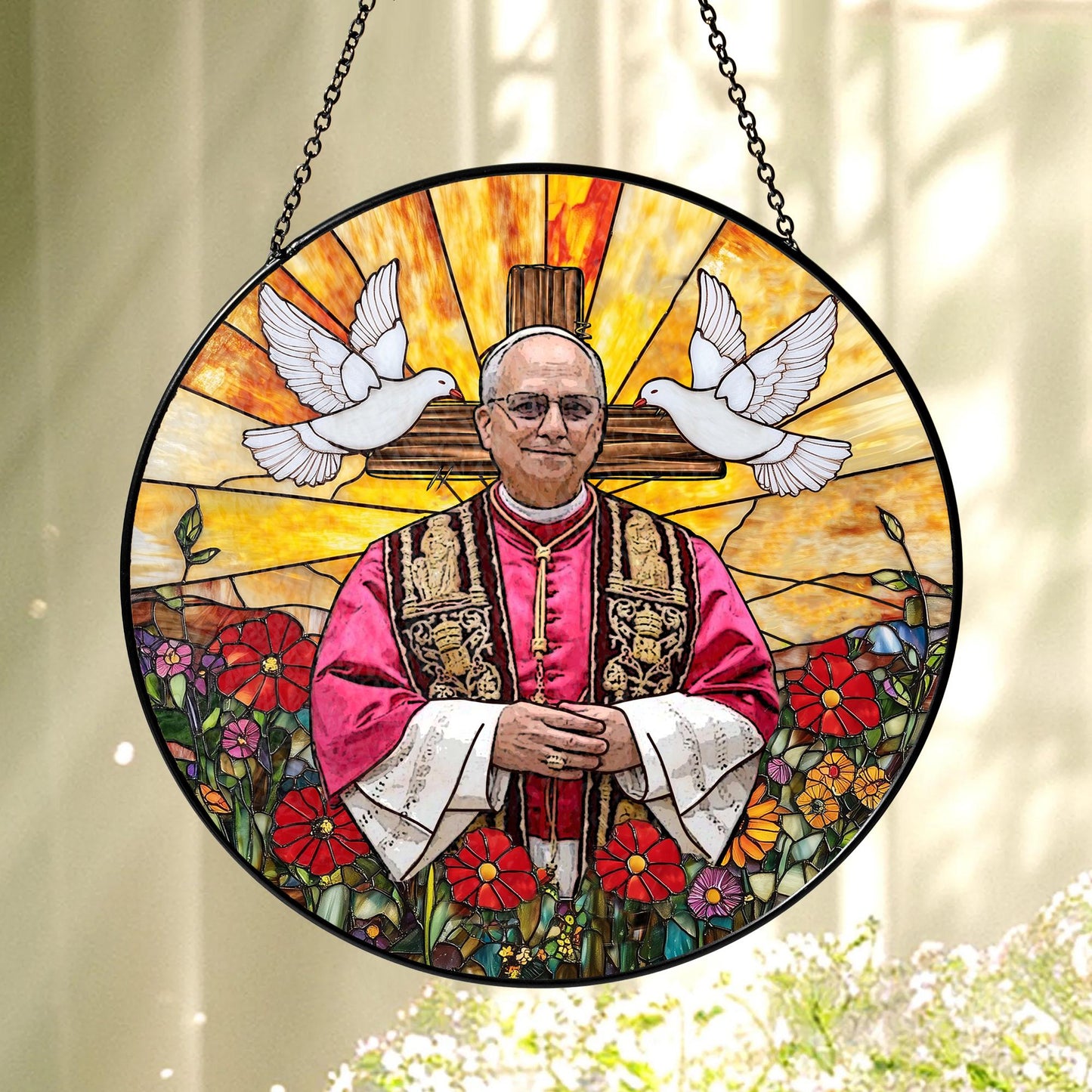 Catholic Glass Suncatcher with Pope and Doves, Stained Glass Style Window Hanging, Religious Christian Gift with Cross and Floral Design (Sun-119)