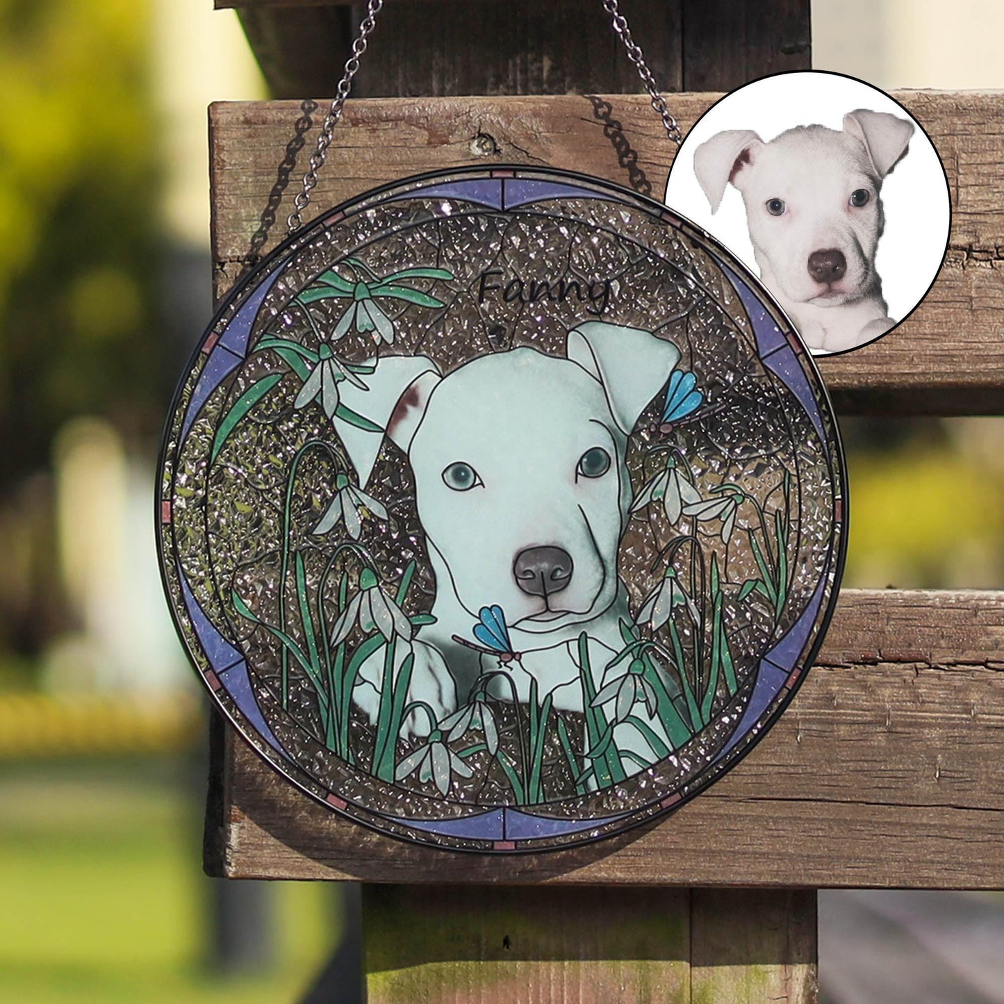 Custom Pet & Birth Flower Stained Glass Suncatcher, Pet Portrait from Photo Glass Art, Stained Glass Cat / Dog Pet Memorial, Pet Loss gifts (Sun-133)