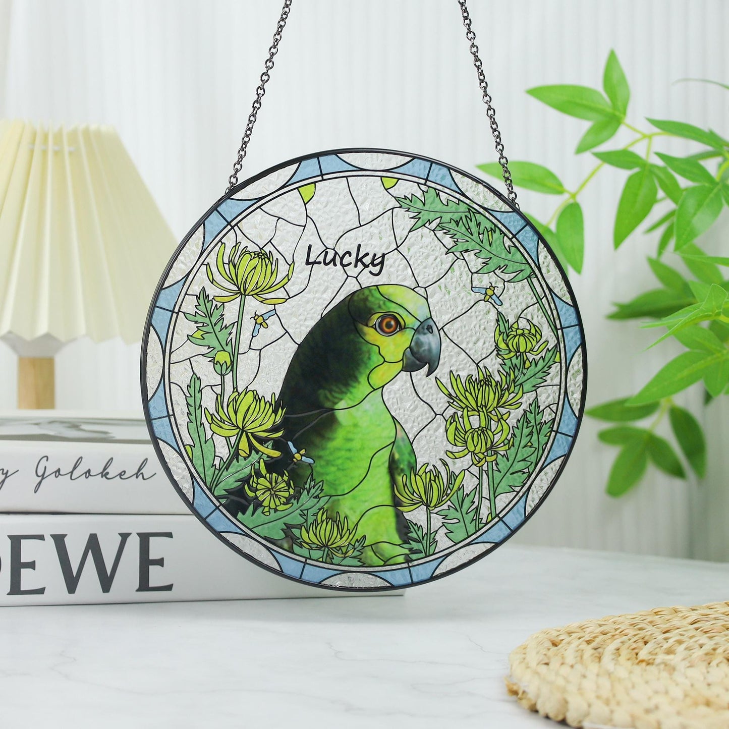 Custom Pet & Birth Flower Stained Glass Suncatcher, Pet Portrait from Photo Glass Art, Stained Glass Cat / Dog Pet Memorial, Pet Loss gifts (Sun-133)