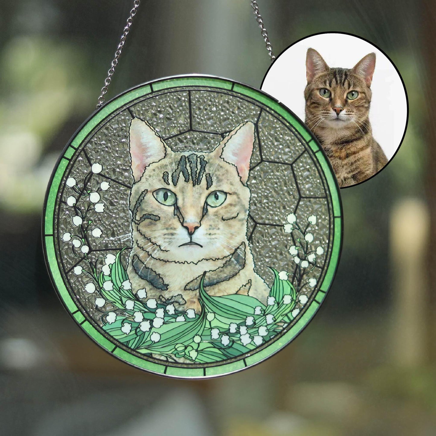 Custom Pet & Birth Flower Stained Glass Suncatcher, Pet Portrait from Photo Glass Art, Stained Glass Cat / Dog Pet Memorial, Pet Loss gifts (Sun-133)