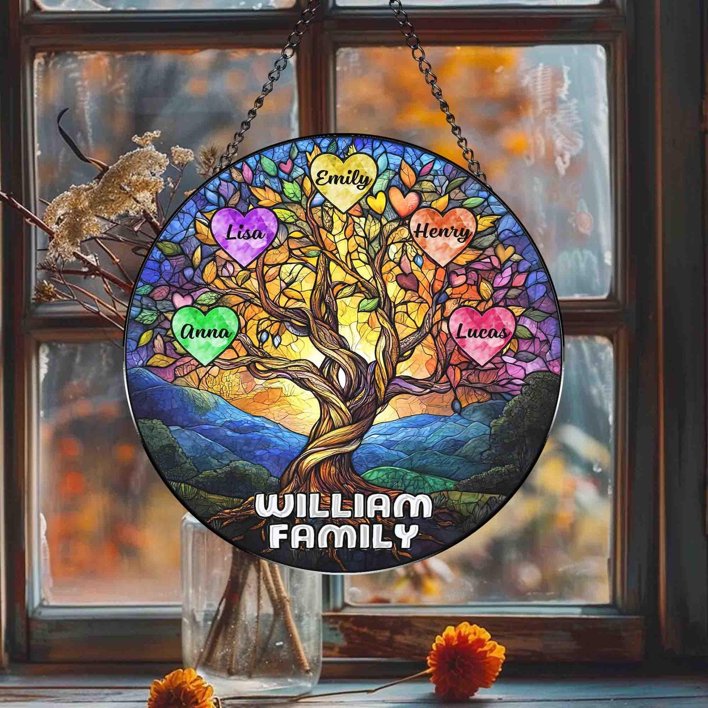 Personalized Family Tree Glass Suncatcher, Stained Glass Tree of Life, Family Names Glass Suncatcher, Family Keepsake, Family Stained Glass Window Decor (Sun-132)