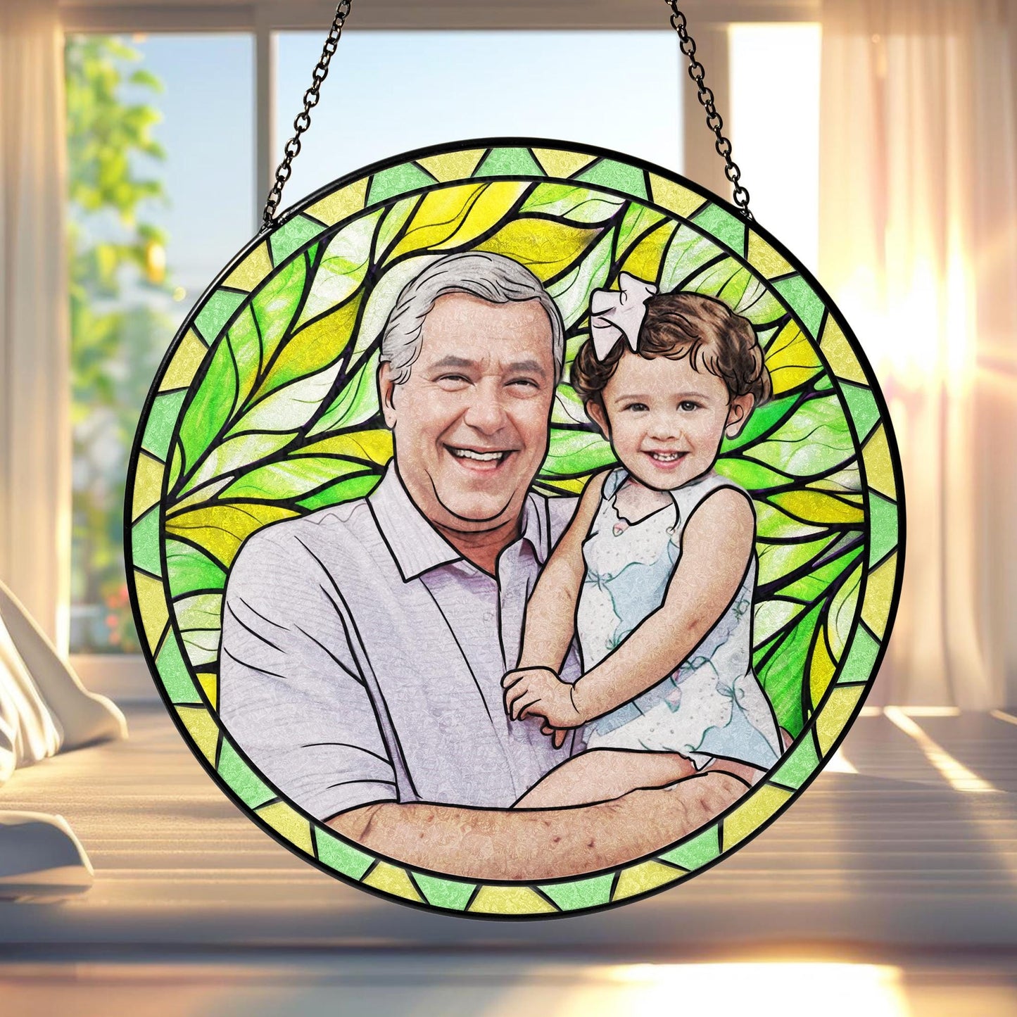 Personalized Father's Day Gift For Dad, Custom Photo Portrait Stained Glass Suncatcher, Custom Picture Family Window Hanging Gift For Papav (Sun-120)