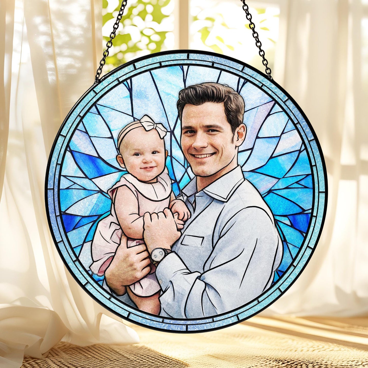 Personalized Father's Day Gift For Dad, Custom Photo Portrait Stained Glass Suncatcher, Custom Picture Family Window Hanging Gift For Papav (Sun-120)