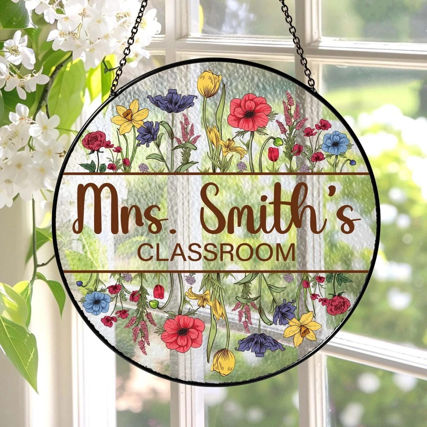 Teacher Flower Stained Glass Suncatcher, Name Gift for Teacher, Classroom Decor, Indoor Class Window Hanging Initial Name (Sun-161)