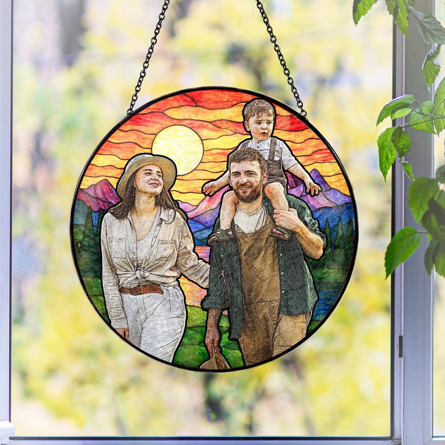 Personalized Family Photo Stained Glass Suncatcher – Custom Father’s Day Gift for Dad, Husband – Memorial Keepsake Ornament – Handmade Glass Window Art Decoration (Sun-140)