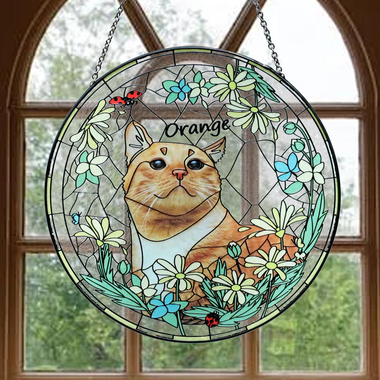 Custom Pet & Birth Flower Stained Glass Suncatcher, Pet Portrait from Photo Glass Art, Stained Glass Cat / Dog Pet Memorial, Pet Loss gifts (Sun-133)
