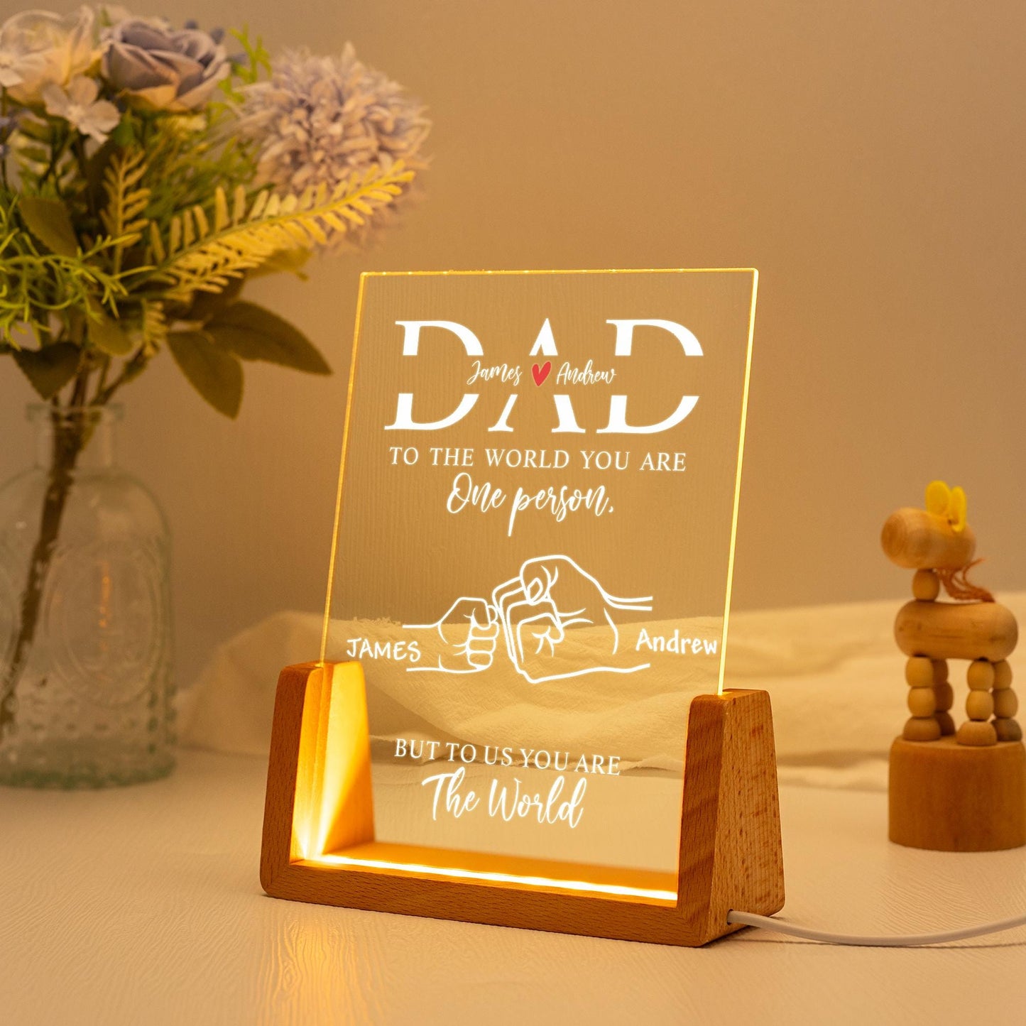Personalized Dad Night Light, Family Fist Bump LED Lamp with Base, New Father Gift for Birthday or Father’s Day, Daddy’s Team Design (DNL-19)