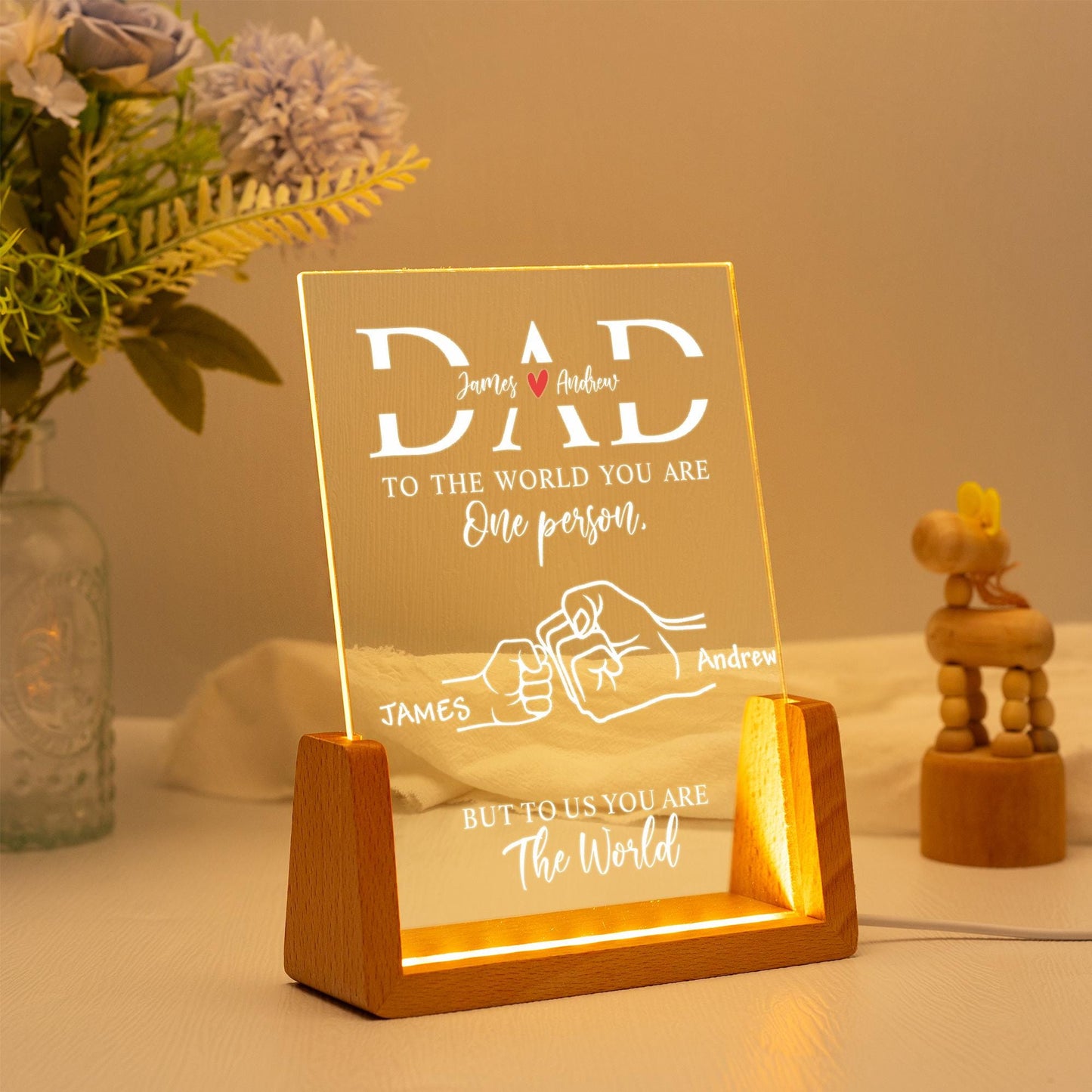 Personalized Dad Night Light, Family Fist Bump LED Lamp with Base, New Father Gift for Birthday or Father’s Day, Daddy’s Team Design (DNL-19)
