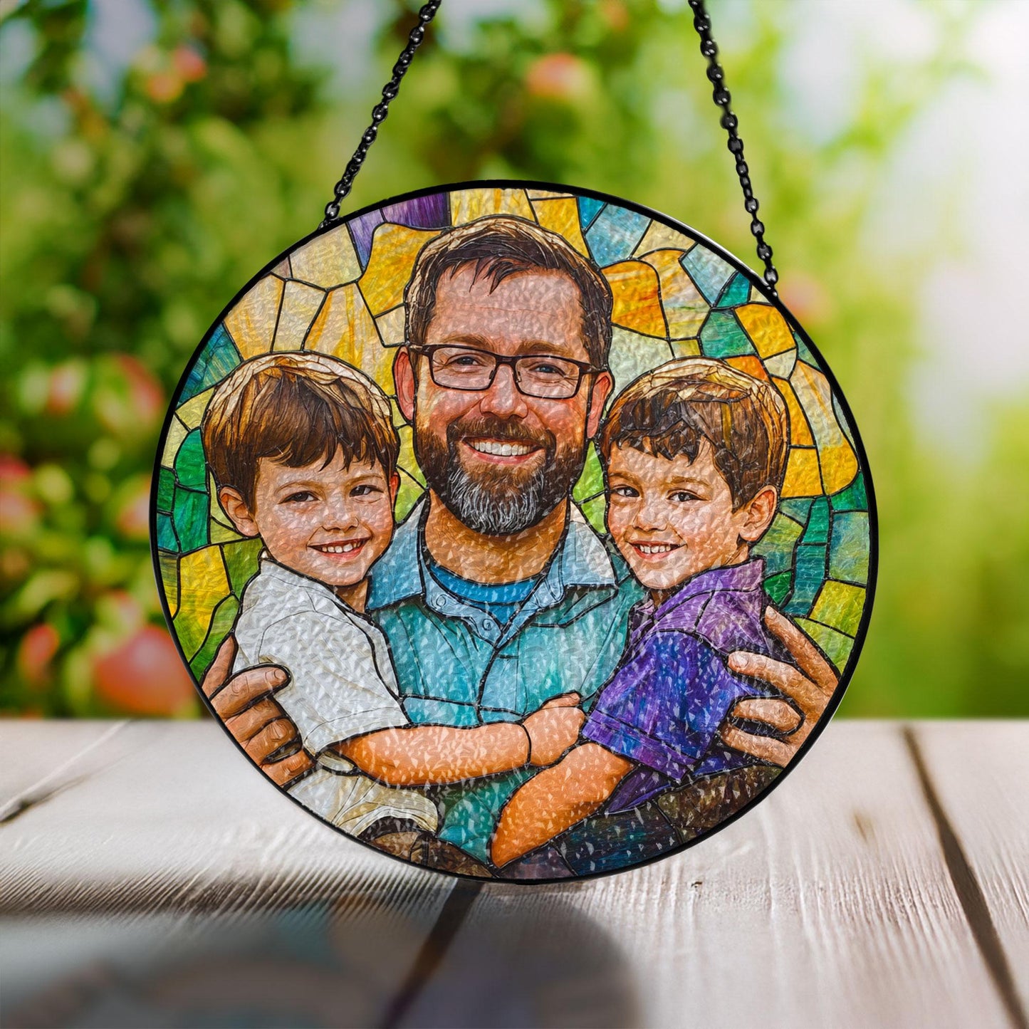 Personalized Dad And Kids Portrait Faux Glass Suncatcher, Custom Portrait From Photo Window Hanging, Father's Day Gift For Daddy, Birthday Dad (Sun-129)