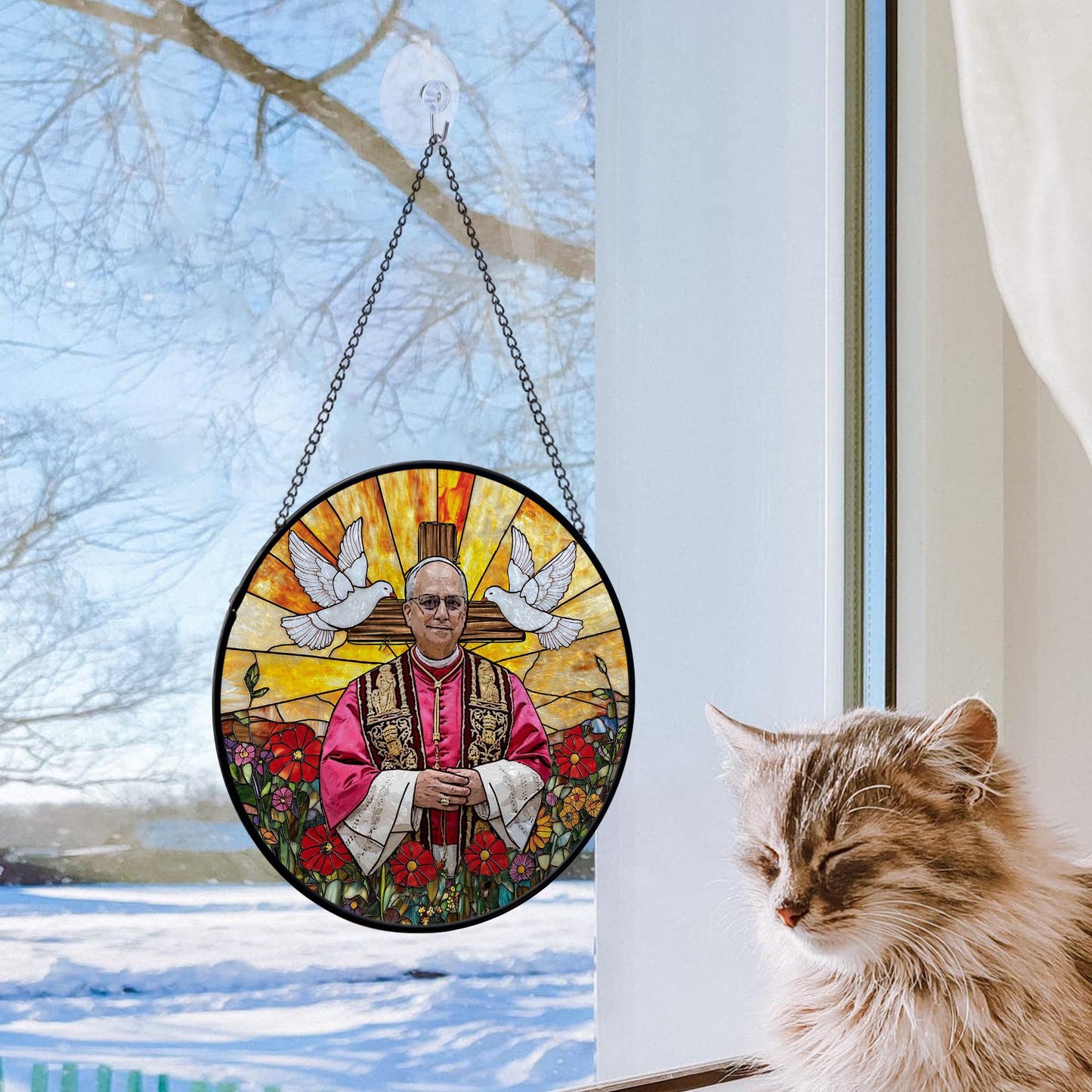 Catholic Glass Suncatcher with Pope and Doves, Stained Glass Style Window Hanging, Religious Christian Gift with Cross and Floral Design (Sun-119)