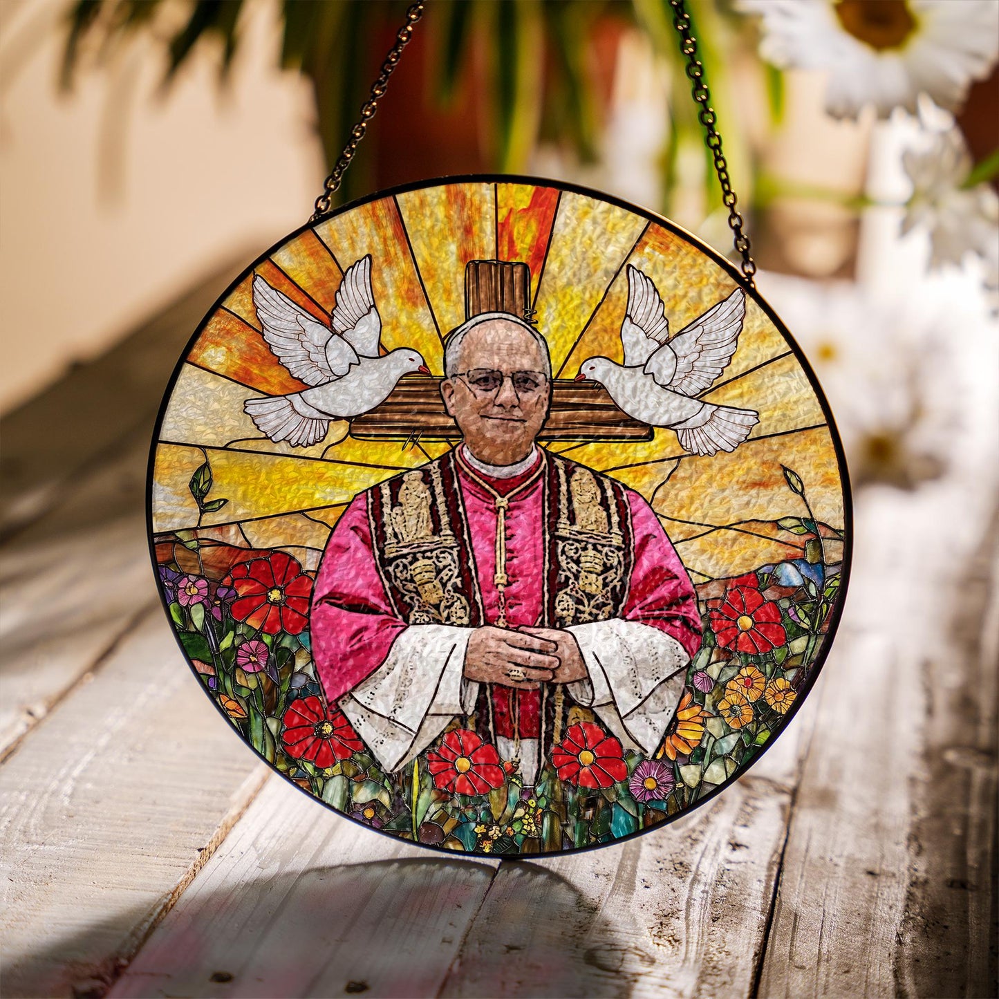 Catholic Glass Suncatcher with Pope and Doves, Stained Glass Style Window Hanging, Religious Christian Gift with Cross and Floral Design (Sun-119)