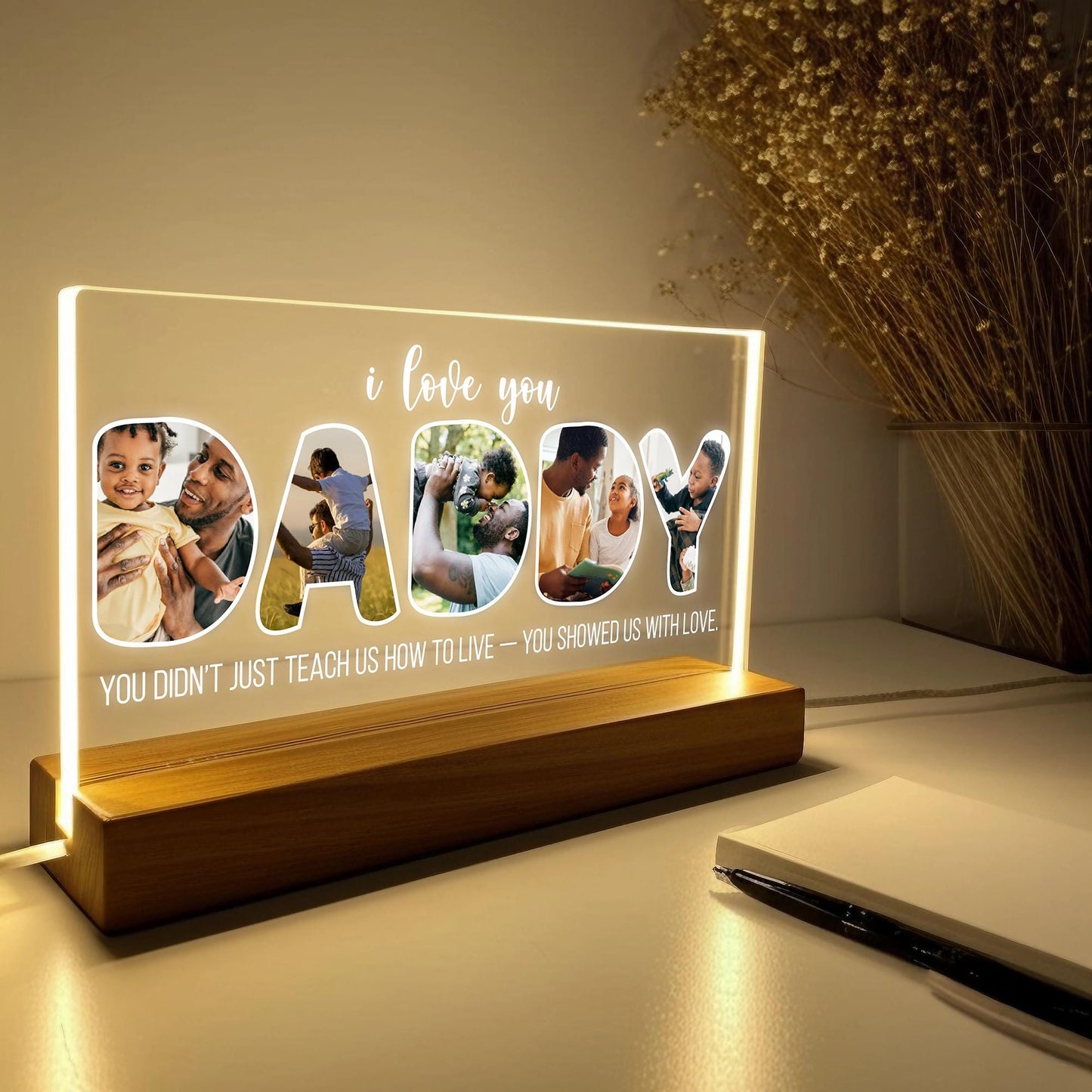 Daddy Night Light with Custom Photo, Personalized Acrylic LED Lamp for Fatherās Day, Gift from Son or Daughter, I Love You Dad Keepsake (DNL-12)