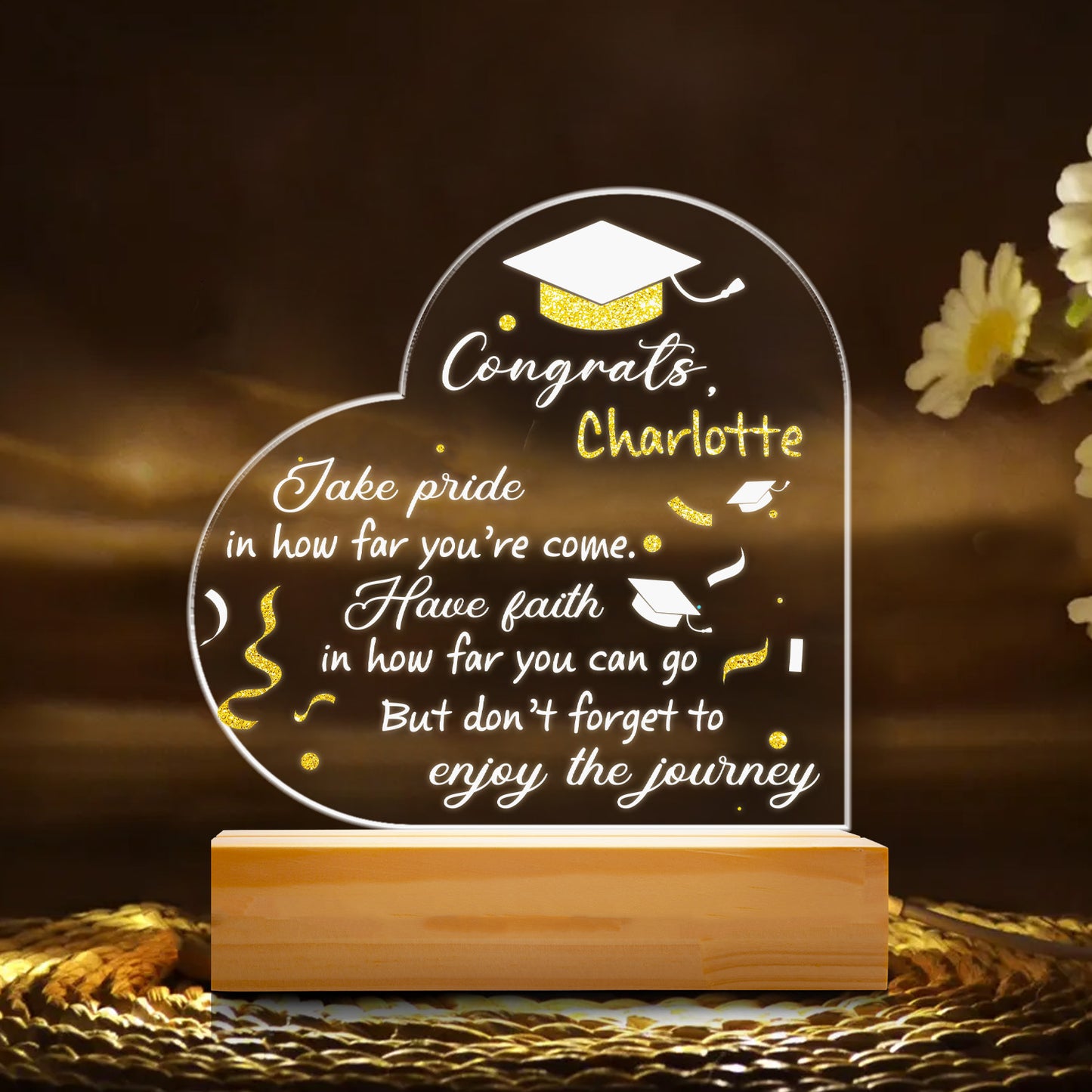 Floral Graduation Hat, Graduation Night Light, Personalized Graduate Gift, Heart Scroll Design, Bedroom Decor, Custom Night Lamp (GNL-42)
