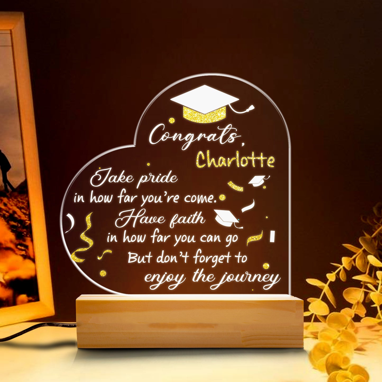 Floral Graduation Hat, Graduation Night Light, Personalized Graduate Gift, Heart Scroll Design, Bedroom Decor, Custom Night Lamp (GNL-42)
