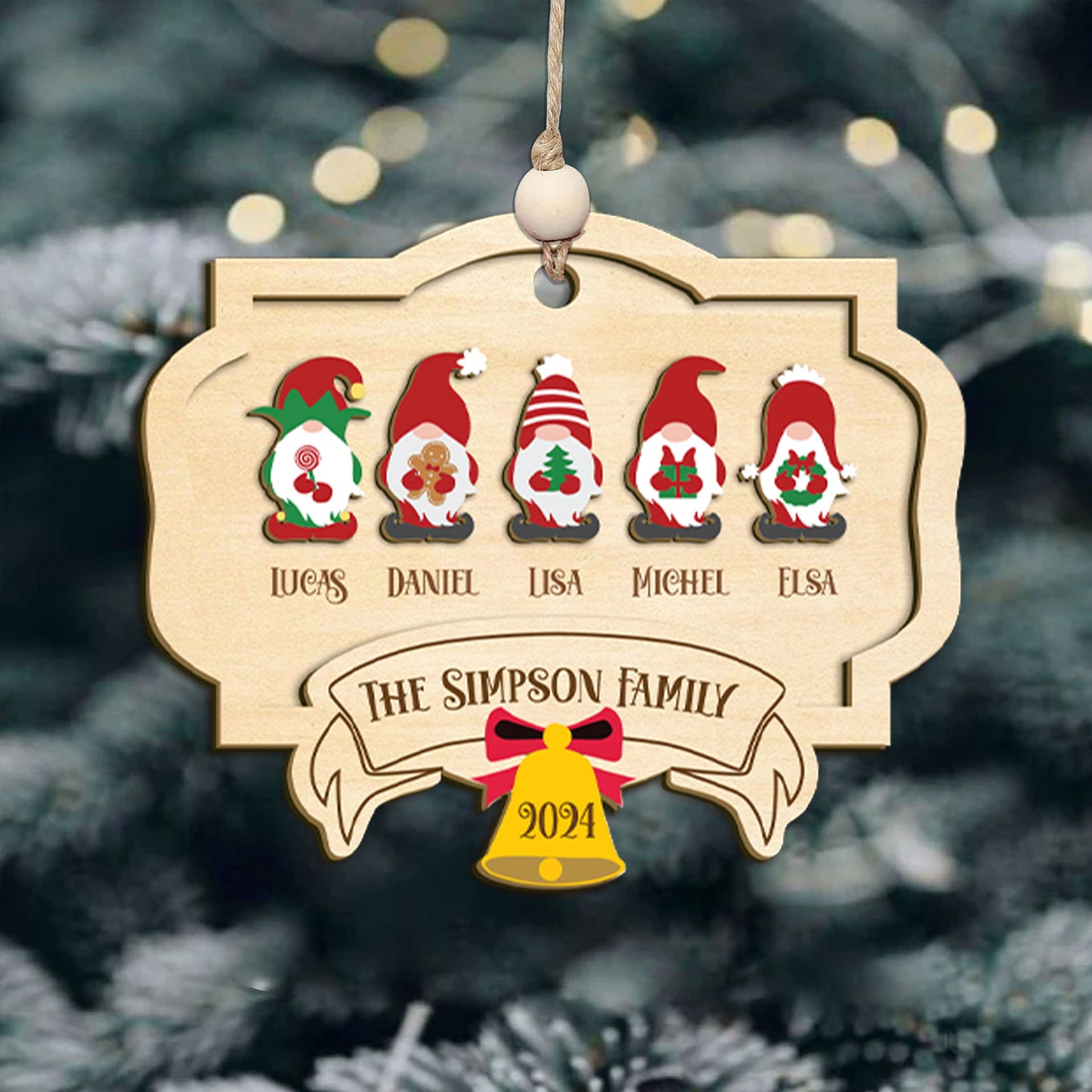 Personalized Gnome Family Christmas Ornament, Family Christmas 2024 Keepsake, Christmas Decor, Gnome Family Wooden Ornament, Holiday Decor