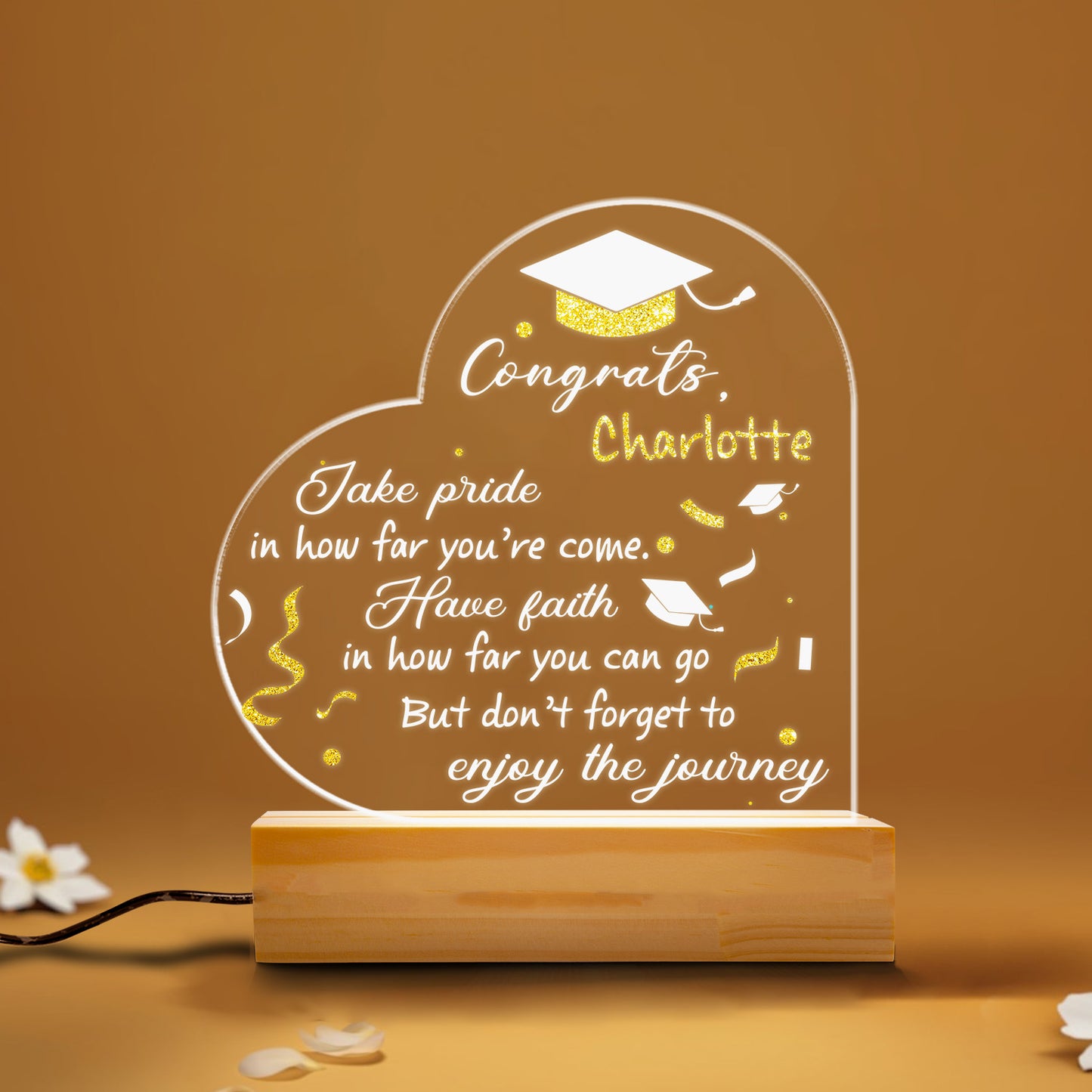 Floral Graduation Hat, Graduation Night Light, Personalized Graduate Gift, Heart Scroll Design, Bedroom Decor, Custom Night Lamp (GNL-42)