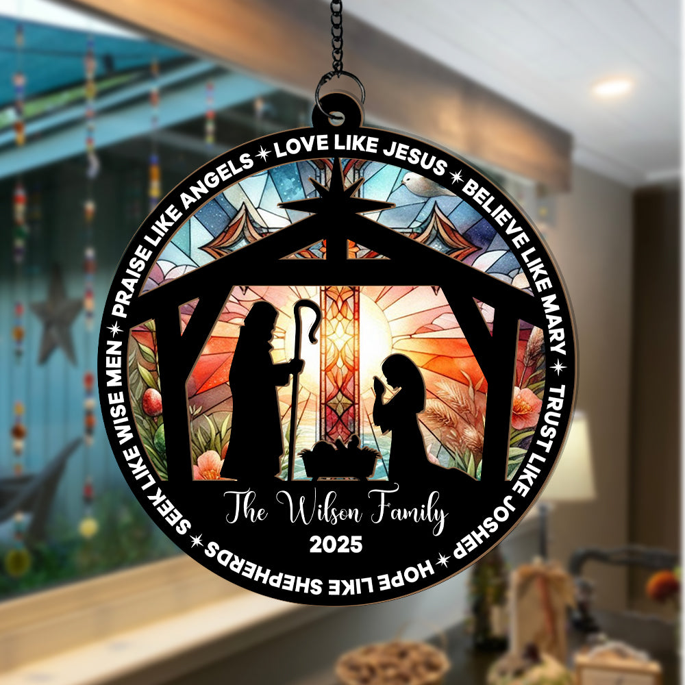 Custom Christmas Suncatcher β Nativity Scene Ornament with Family Name β Religious Holiday Decor (H-Sun-24)