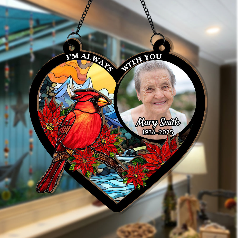 Personalized Photo Memorial Suncatcher Ornament, Custom Photo, Cardinal Suncatcher, In Loving Memory of a Loved One, Sympathy Gift, Cardinal Lovers (H-Sun-12)