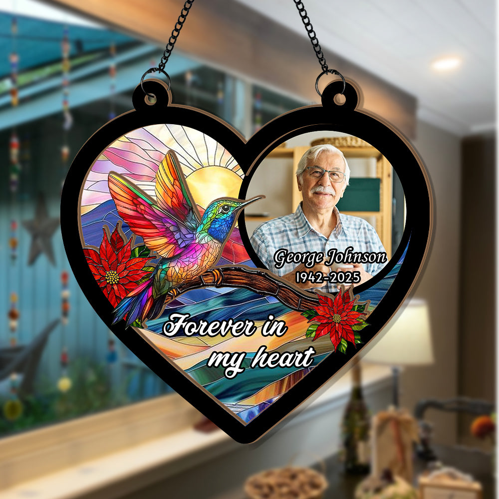 Custom Hummingbird Memorial Portrait, Personalized Stained Glass Window Hanging, Memorial Ornament, Glass Suncatcher for Hummingbird Lovers (H-Sun-13)