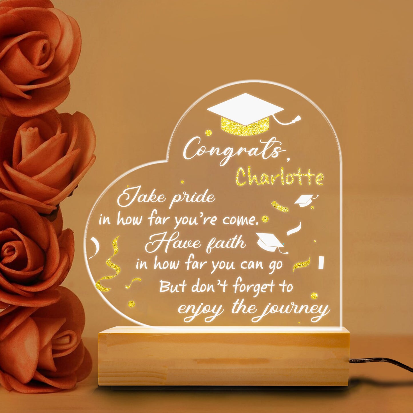Floral Graduation Hat, Graduation Night Light, Personalized Graduate Gift, Heart Scroll Design, Bedroom Decor, Custom Night Lamp (GNL-42)