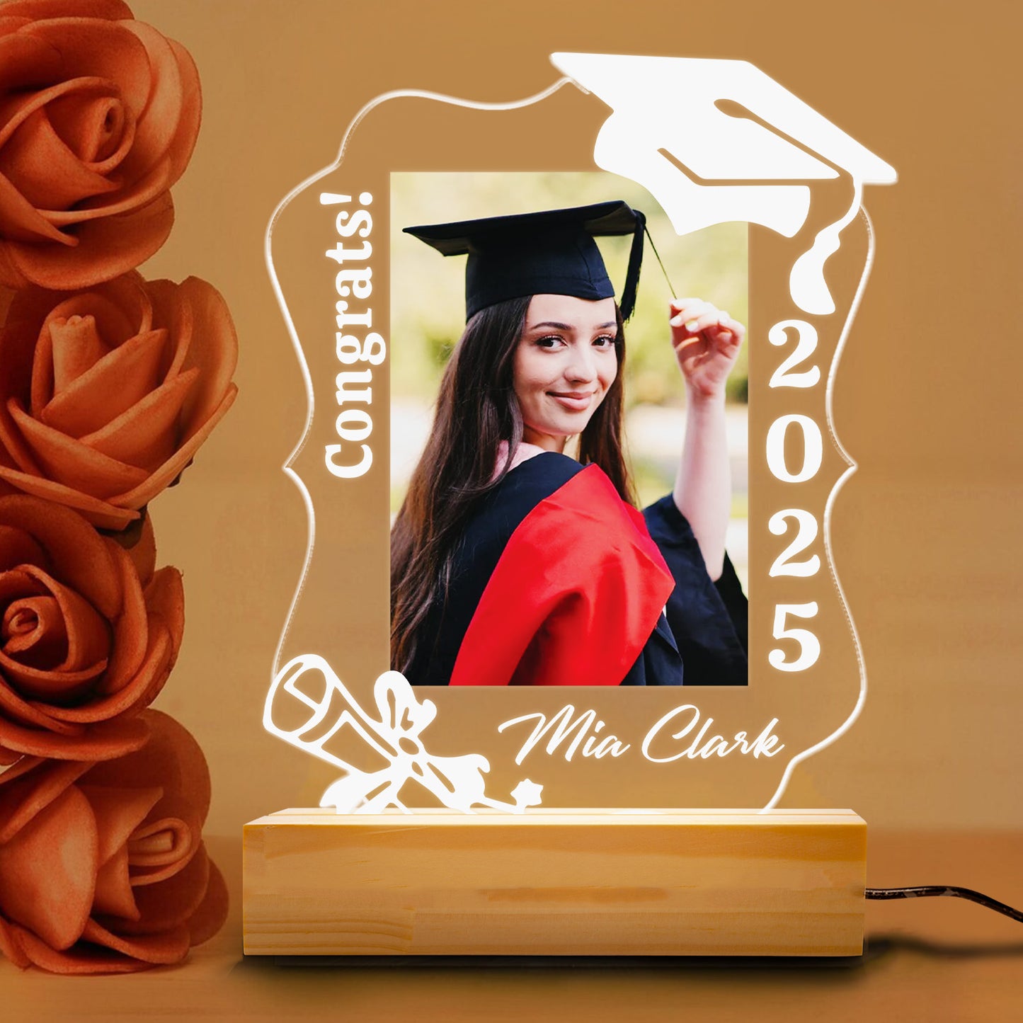 Graduation Night Light Gift With Picture, Custom Name LED Lamp For Graduate, Unique Class of 2025 Keepsake For Him Her (GNL-47)