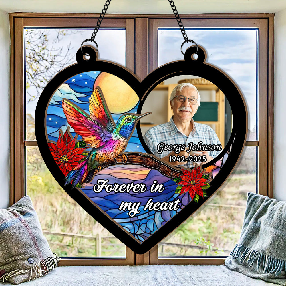 Custom Hummingbird Memorial Portrait, Personalized Stained Glass Window Hanging, Memorial Ornament, Glass Suncatcher for Hummingbird Lovers (H-Sun-13)