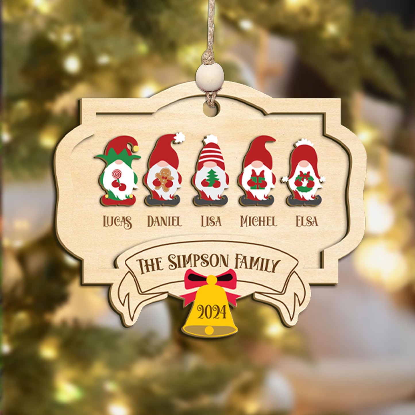 Personalized Gnome Family Christmas Ornament, Family Christmas 2024 Keepsake, Christmas Decor, Gnome Family Wooden Ornament, Holiday Decor