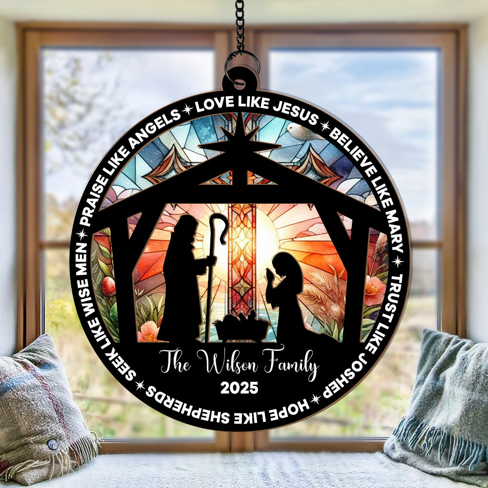 Custom Christmas Suncatcher β Nativity Scene Ornament with Family Name β Religious Holiday Decor (H-Sun-24)