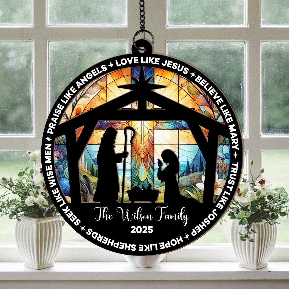 Custom Christmas Suncatcher β Nativity Scene Ornament with Family Name β Religious Holiday Decor (H-Sun-24)