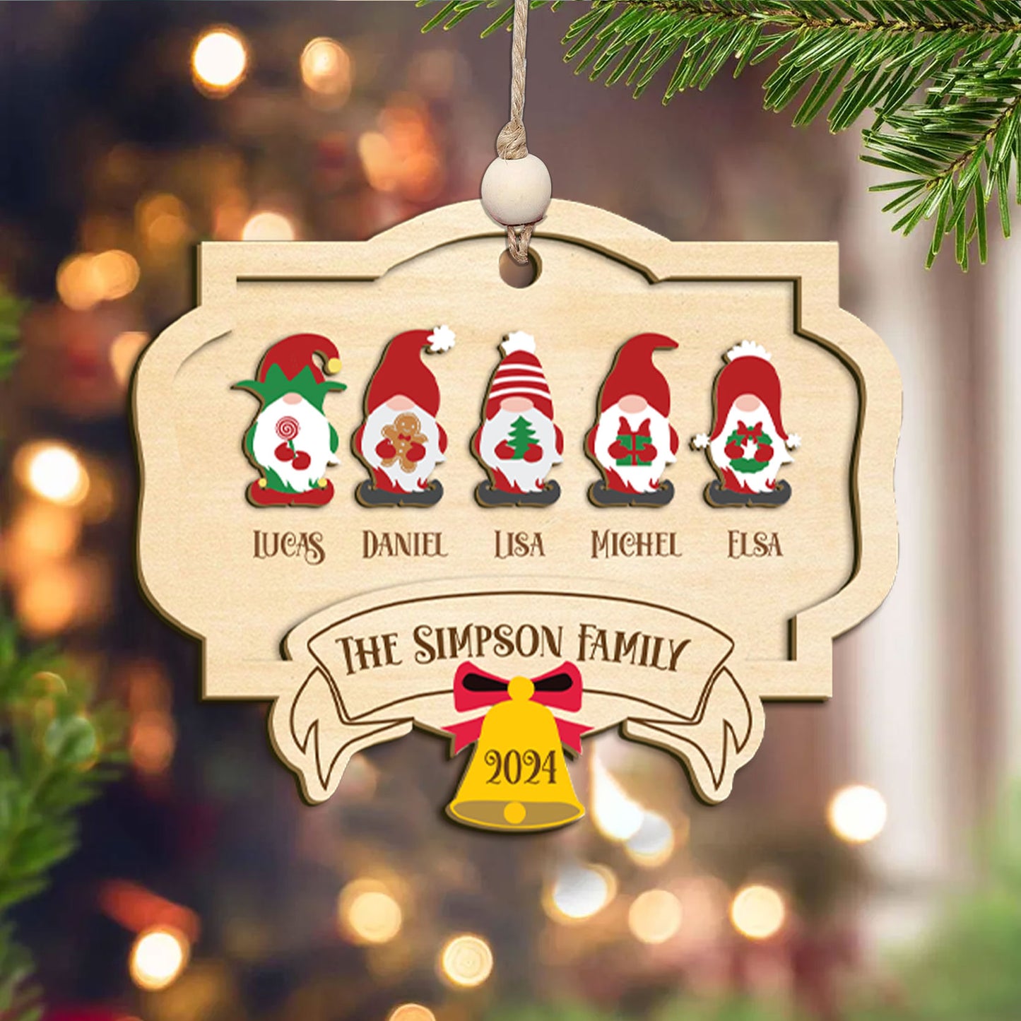 Personalized Gnome Family Christmas Ornament, Family Christmas 2024 Keepsake, Christmas Decor, Gnome Family Wooden Ornament, Holiday Decor