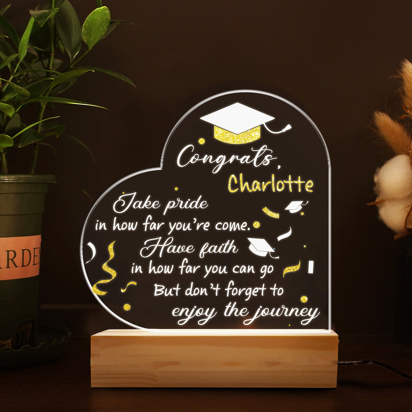 Floral Graduation Hat, Graduation Night Light, Personalized Graduate Gift, Heart Scroll Design, Bedroom Decor, Custom Night Lamp (GNL-42)