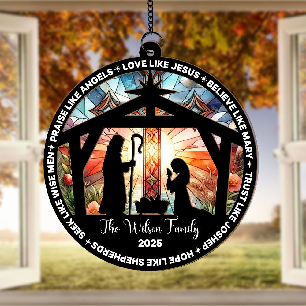 Custom Christmas Suncatcher β Nativity Scene Ornament with Family Name β Religious Holiday Decor (H-Sun-24)